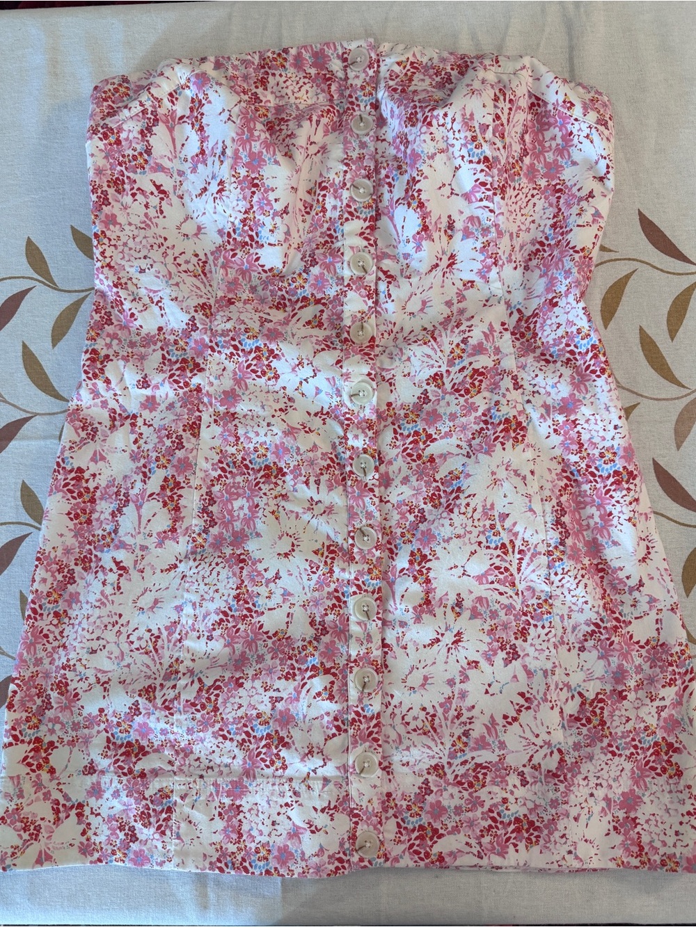 Free People Strapless Pink and White Floral Button-Front Mini Dress
